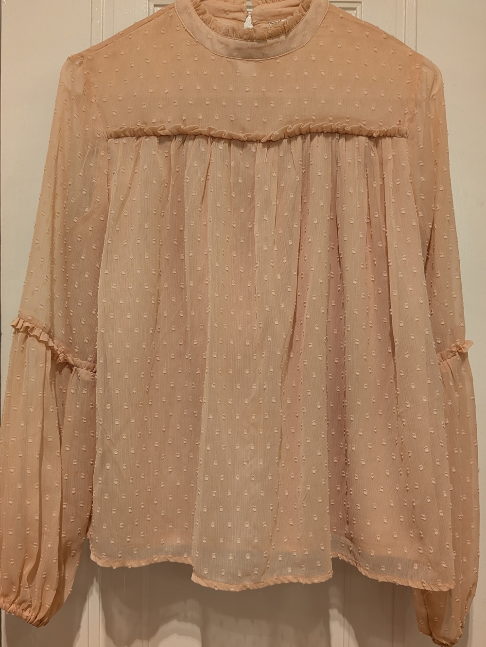 Japna Blush Peach Pink Swiss Dot Ruffled Peasant Blouse